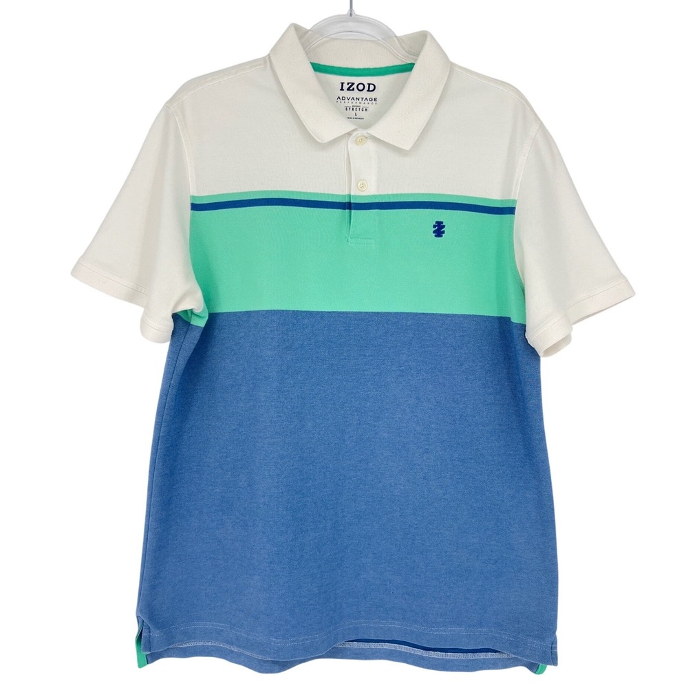 IZOD Polo Shirt Mens Large Blue‎ White Colorblock Advantage Performance Golf